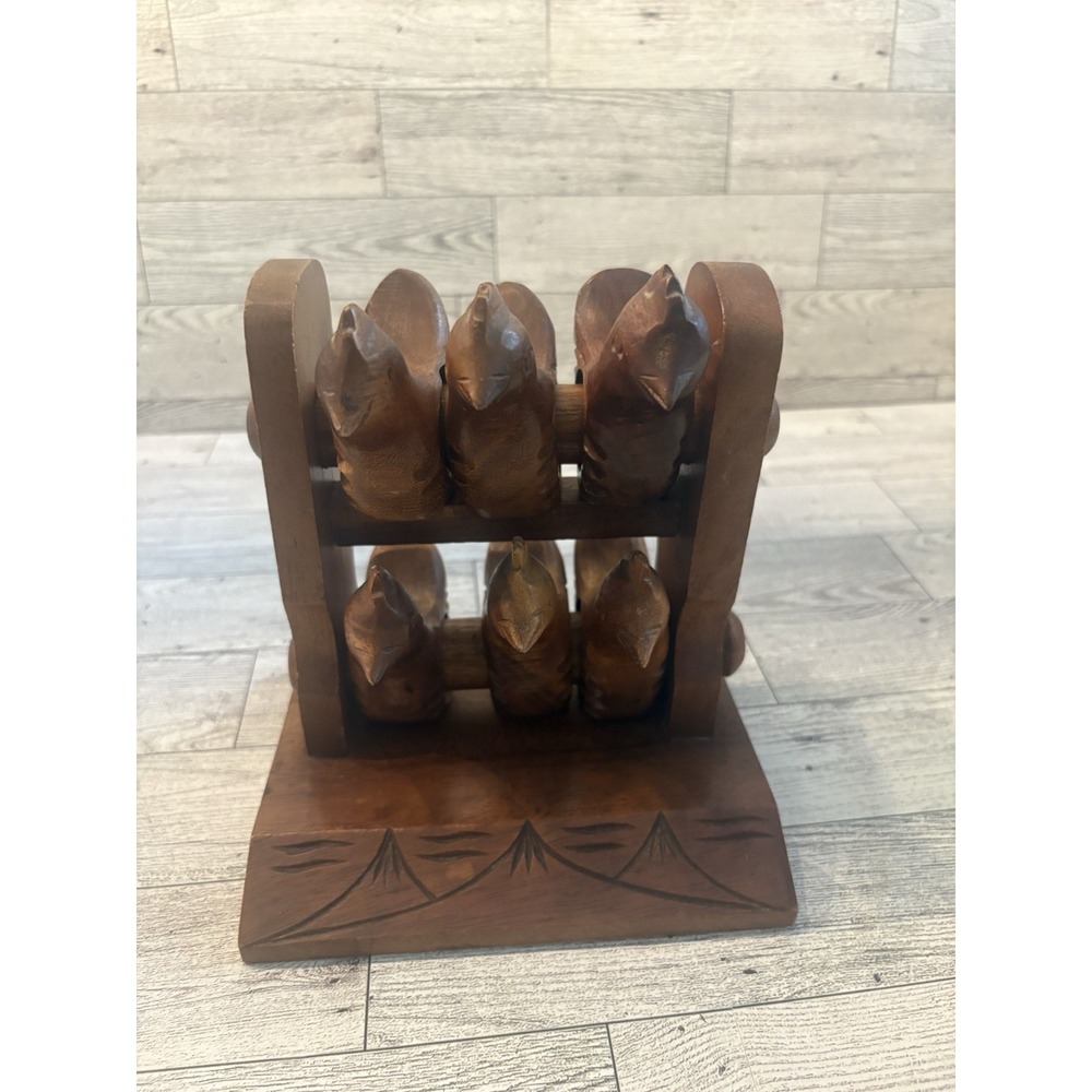 Carved Wood Chicken Napkin Rings Set w/ Holder Stand, Brown, 6 Rings